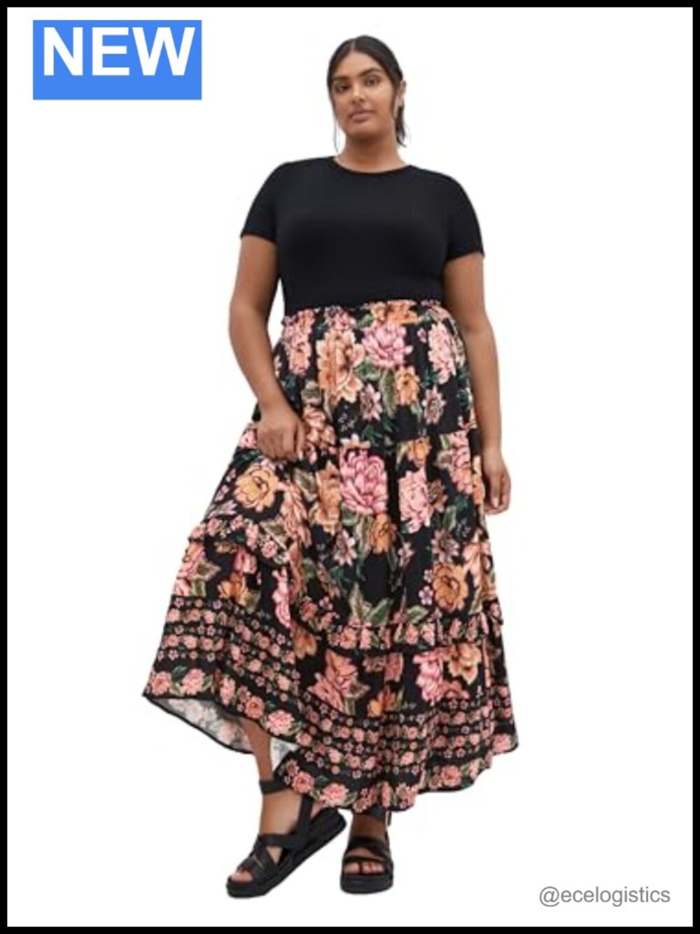 Plus Size High Rise Midi Skirt, Tiered with Pockets